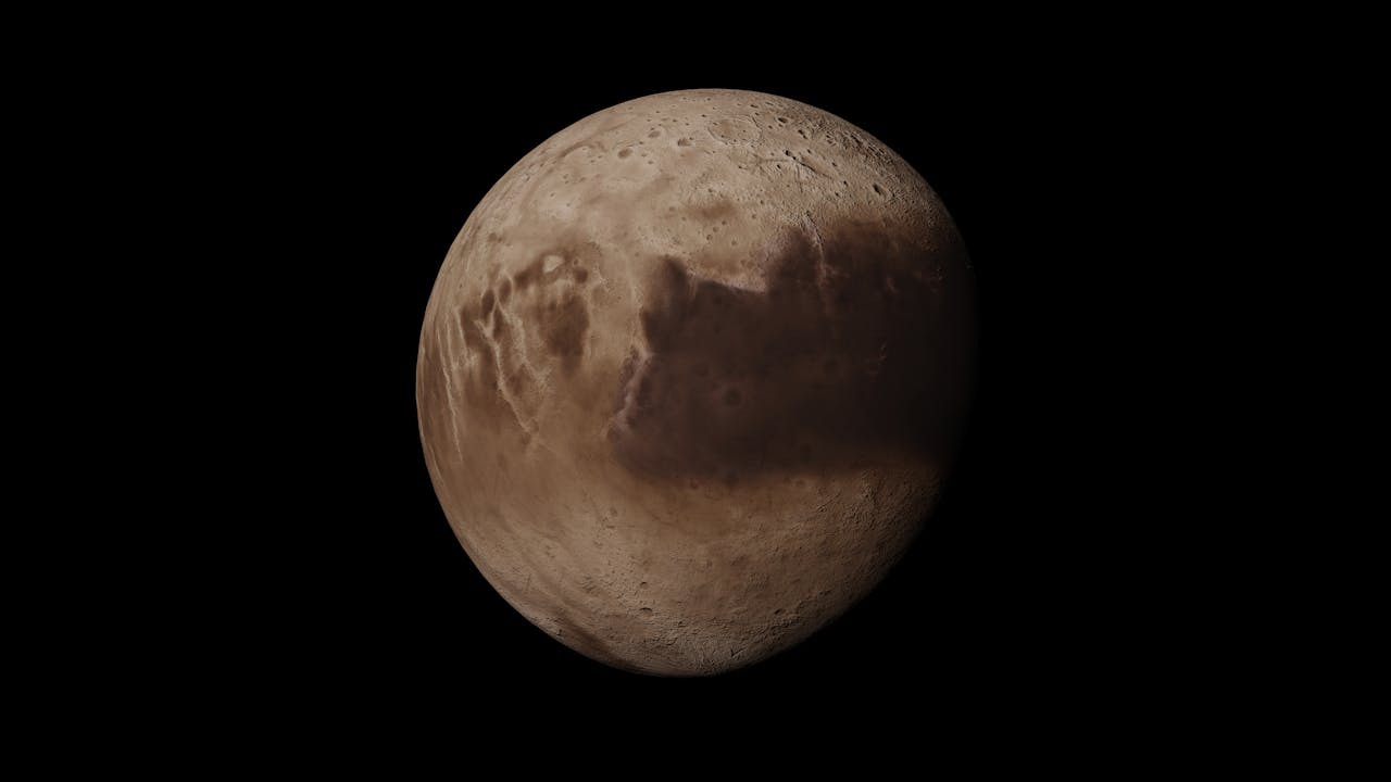 A detailed view of a distant planet with shadows and space backdrop.
